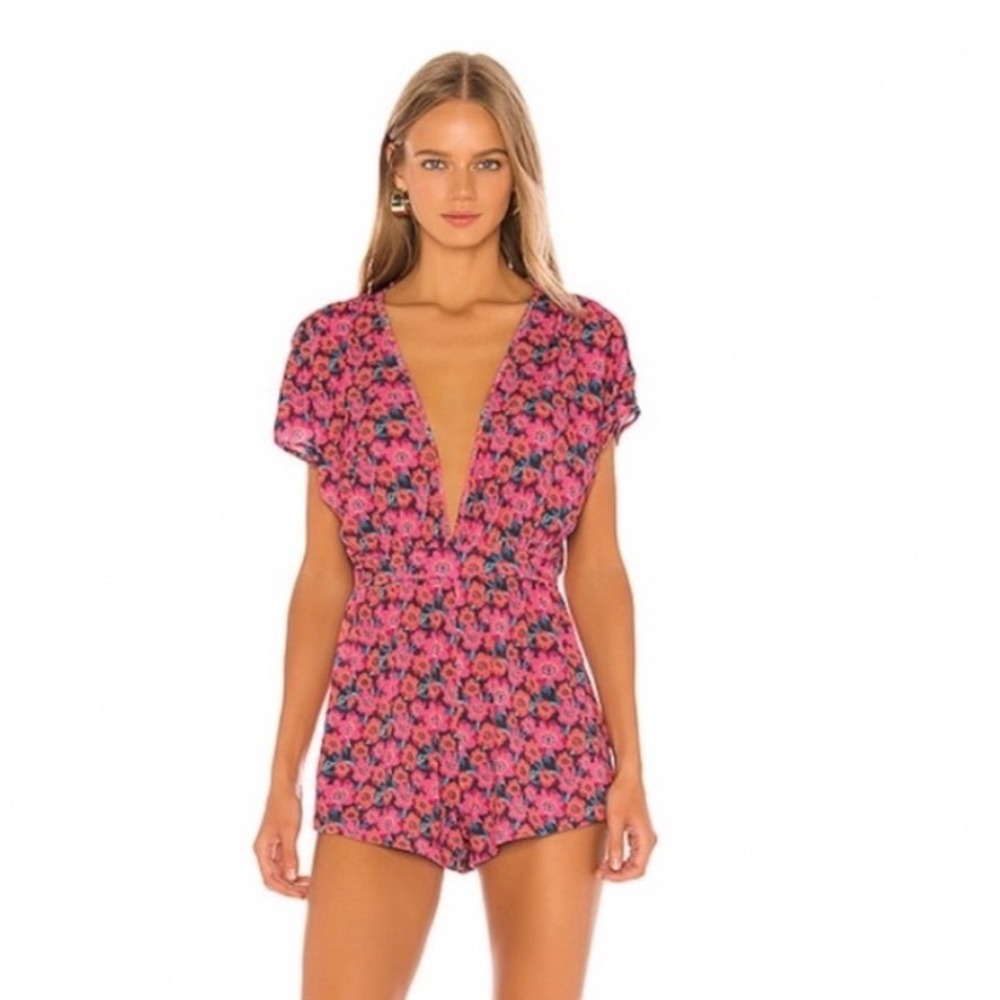 RESA Lucy Romper Fuchsia Floral Deep V-Neck Short Sleeve XS Festival Boho Summer